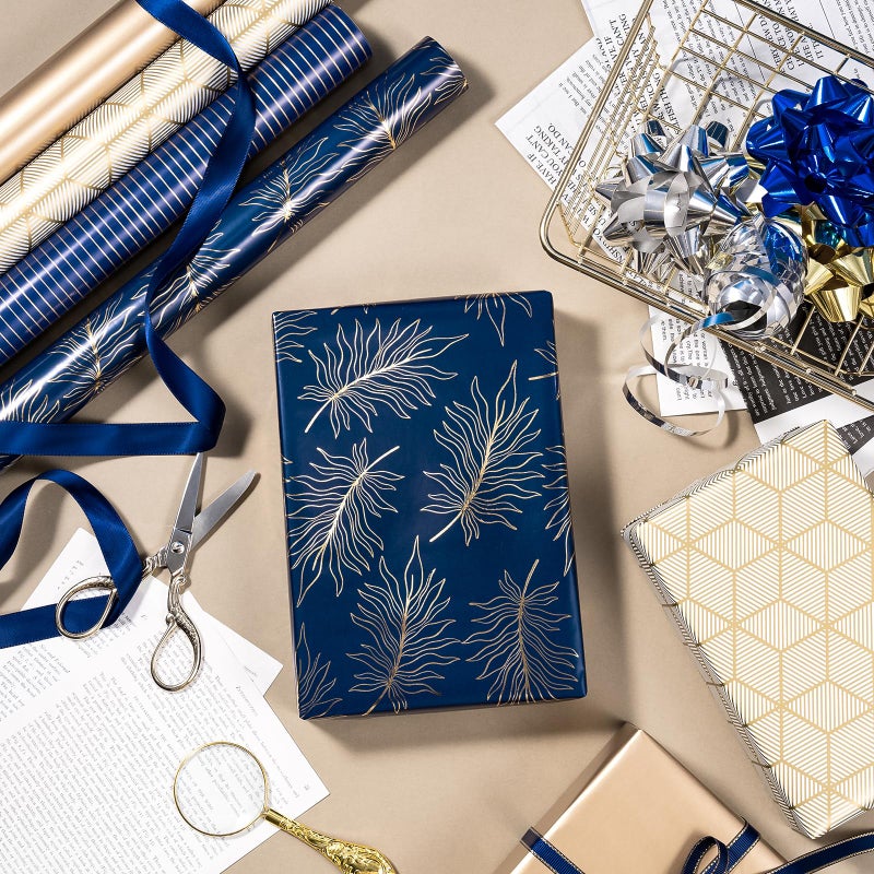 WRAPAHOLIC 30 Inch Navy Wrapping Paper - Jumbo Roll Gold and Navy Print with Cut Lines for Christmas, Birthday, Holiday, Father's Day, Baby Shower - 4 Rolls - 30 Inch x 120 Inch Per Roll - Image 3